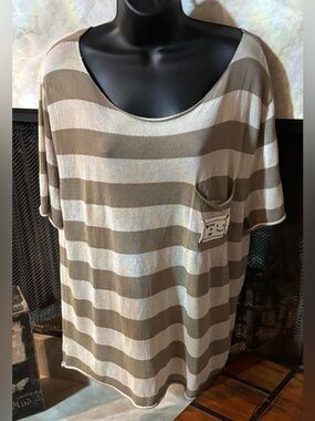 POL Oversized Taupe and Cream Striped Scoop Neck Short-Sleeve Top